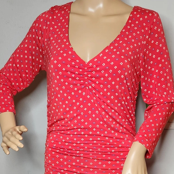 Anthropologie Moulinette Soeurs Stretch Jersey Midi Red Floral Ruched Midi Dress - Picture 5 of 16